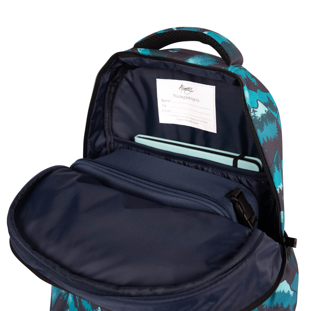 inside view of alimasy camo mountain green large kids school bag