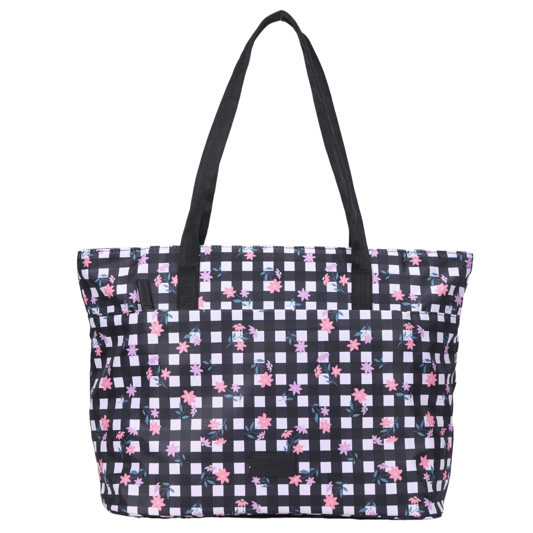 Black & White Check with Ditsy Flowers Tote Bag