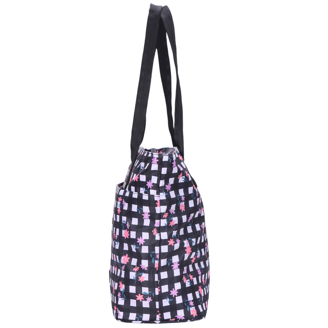 Black & White Check with Ditsy Flowers Tote Bag